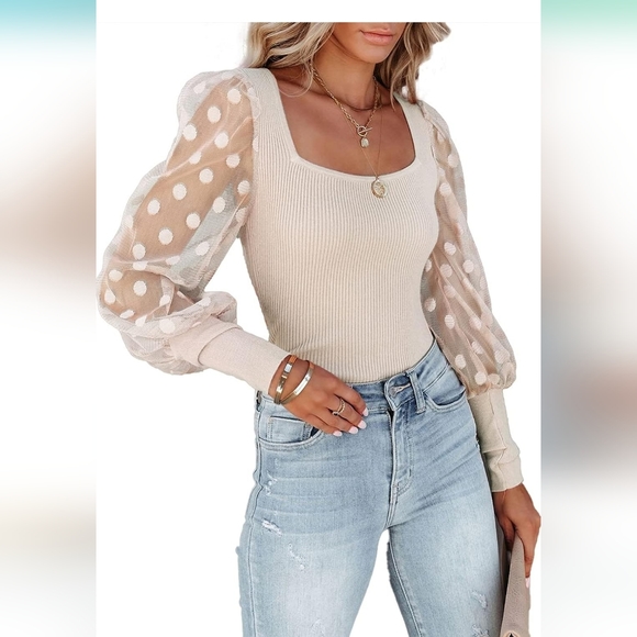 New Square Neck Polka Dot Balloon Long Sleeve top Slim Knit Ribbed apricot tan. - Picture 3 of 5